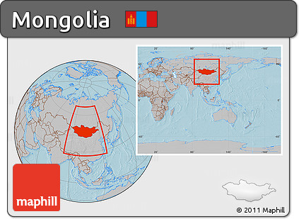 Gray Location Map of Mongolia, within the entire continent, hill shading