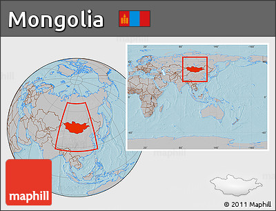 Gray Location Map of Mongolia, within the entire continent, hill shading
