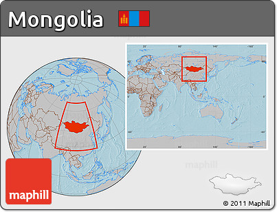 Gray Location Map of Mongolia, within the entire continent, hill shading