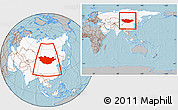 Gray Location Map of Mongolia, highlighted continent, within the entire continent, hill shading