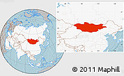 Gray Location Map of Mongolia, highlighted continent, hill shading