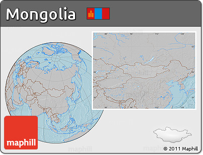 Gray Location Map of Mongolia, hill shading outside