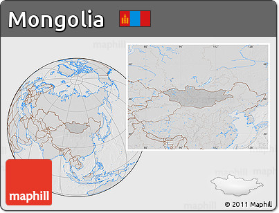 Gray Location Map of Mongolia, lighten, desaturated, hill shading