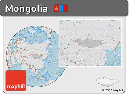 Gray Location Map of Mongolia, lighten, land only, hill shading
