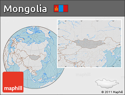 Gray Location Map of Mongolia, lighten, land only, hill shading