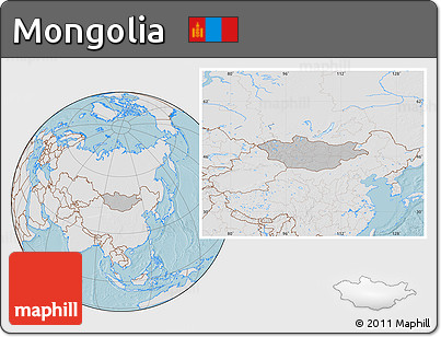 Gray Location Map of Mongolia, lighten, land only, hill shading
