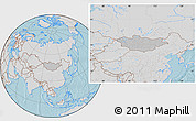 Gray Location Map of Mongolia, lighten, semi-desaturated, land only, hill shading