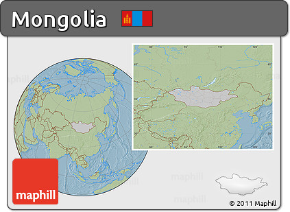 Gray Location Map of Mongolia, savanna style outside, hill shading outside
