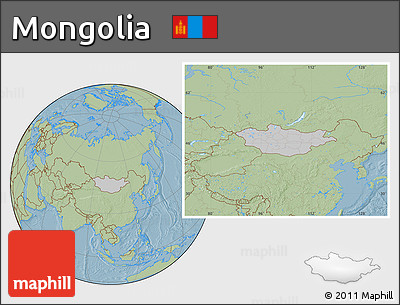Gray Location Map of Mongolia, savanna style outside, hill shading outside