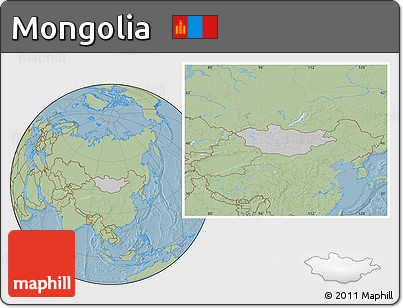 Gray Location Map of Mongolia, savanna style outside, hill shading outside