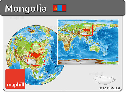 Physical Location Map of Mongolia, within the entire continent