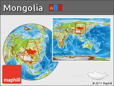 Physical Location Map of Mongolia, within the entire continent