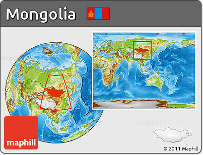 Physical Location Map of Mongolia, within the entire continent