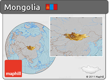 Physical Location Map of Mongolia, gray outside, hill shading