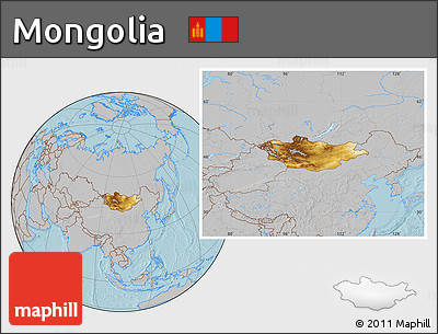 Physical Location Map of Mongolia, gray outside, hill shading