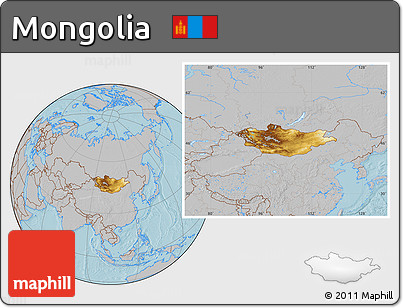 Physical Location Map of Mongolia, gray outside, hill shading