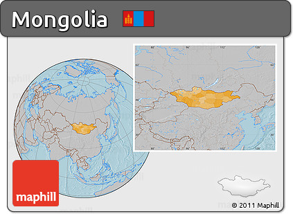 Political Location Map of Mongolia, gray outside, hill shading