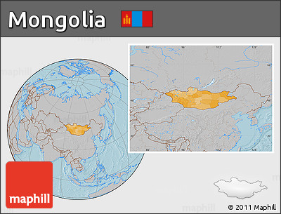 Political Location Map of Mongolia, gray outside, hill shading
