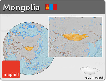 Political Location Map of Mongolia, gray outside, hill shading