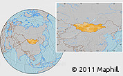 Political Location Map of Mongolia, gray outside, hill shading
