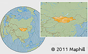 Political Location Map of Mongolia, savanna style outside, hill shading