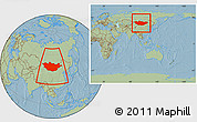 Savanna Style Location Map of Mongolia, within the entire continent, hill shading