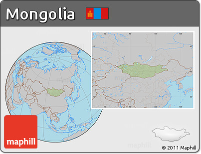 Savanna Style Location Map of Mongolia, gray outside, hill shading inside