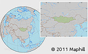 Savanna Style Location Map of Mongolia, gray outside, hill shading inside