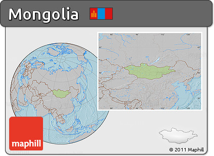 Savanna Style Location Map of Mongolia, gray outside, hill shading outside