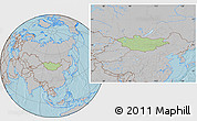 Savanna Style Location Map of Mongolia, gray outside, hill shading outside