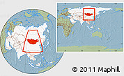 Savanna Style Location Map of Mongolia, highlighted continent, within the entire continent, hill shading