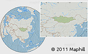 Savanna Style Location Map of Mongolia, lighten, semi-desaturated, land only, hill shading
