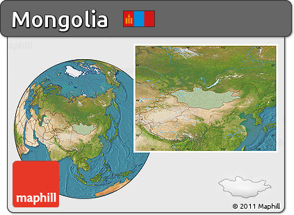 Savanna Style Location Map of Mongolia, satellite outside, hill shading