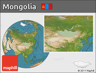 Savanna Style Location Map of Mongolia, satellite outside, hill shading