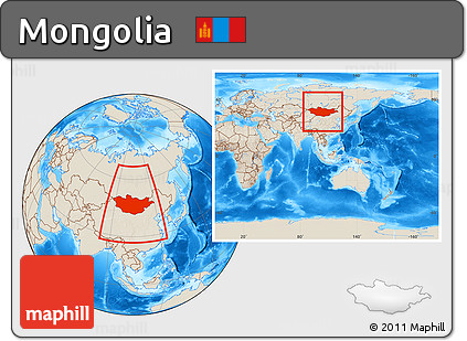 Shaded Relief Location Map of Mongolia, within the entire continent