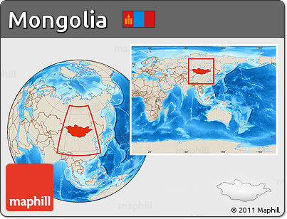 Shaded Relief Location Map of Mongolia, within the entire continent