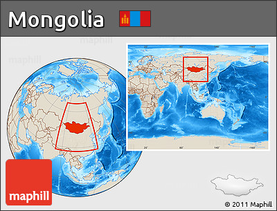 Shaded Relief Location Map of Mongolia, within the entire continent
