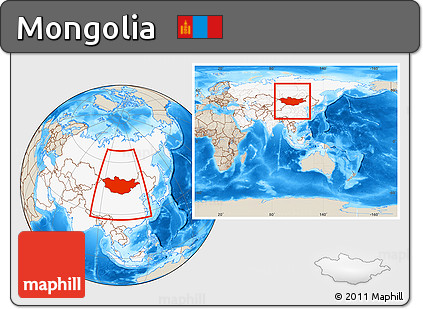 Shaded Relief Location Map of Mongolia, highlighted continent, within the entire continent