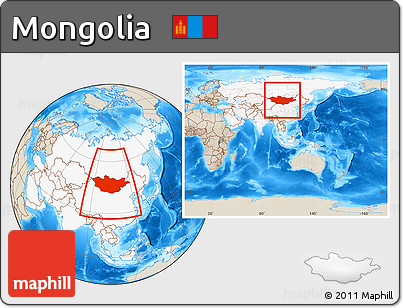 Shaded Relief Location Map of Mongolia, highlighted continent, within the entire continent