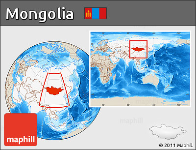 Shaded Relief Location Map of Mongolia, highlighted continent, within the entire continent