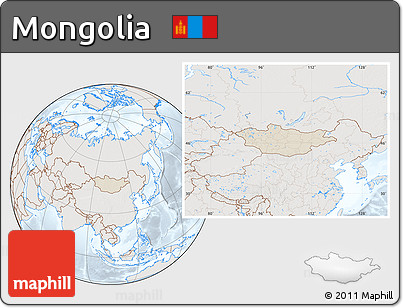 Shaded Relief Location Map of Mongolia, lighten, semi-desaturated