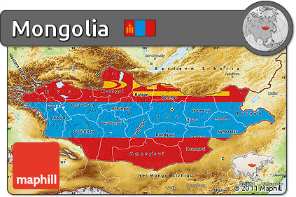 Flag Map of Mongolia, physical outside, flag rotated