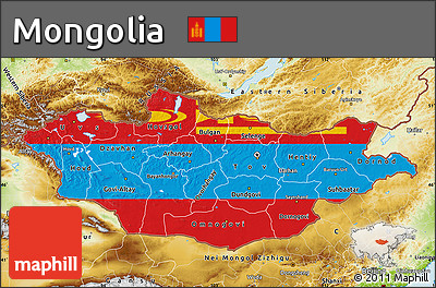 Flag Map of Mongolia, physical outside, flag rotated