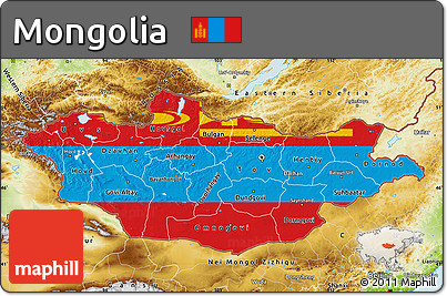 Flag Map of Mongolia, physical outside, flag rotated