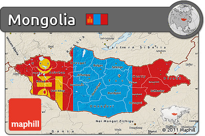 Flag Map of Mongolia, shaded relief outside, flag centered