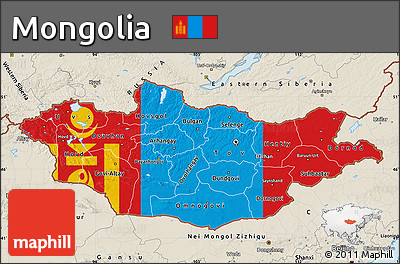 Flag Map of Mongolia, shaded relief outside, flag centered