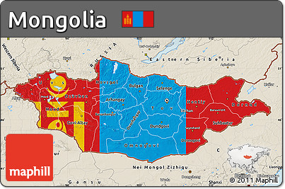 Flag Map of Mongolia, shaded relief outside, flag centered
