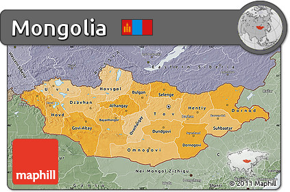 Political Shades Map of Mongolia, semi-desaturated