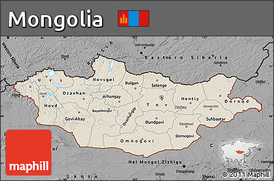 Shaded Relief Map of Mongolia, darken, desaturated