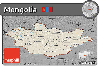 Shaded Relief Map of Mongolia, darken, desaturated